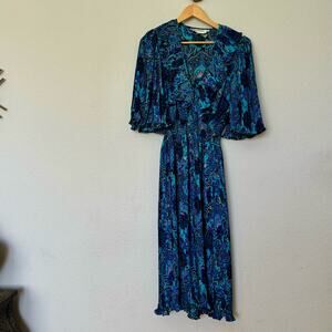 Vintage 80s angel sleeve crimp pleat dress Mosaic prints blue purple S-M